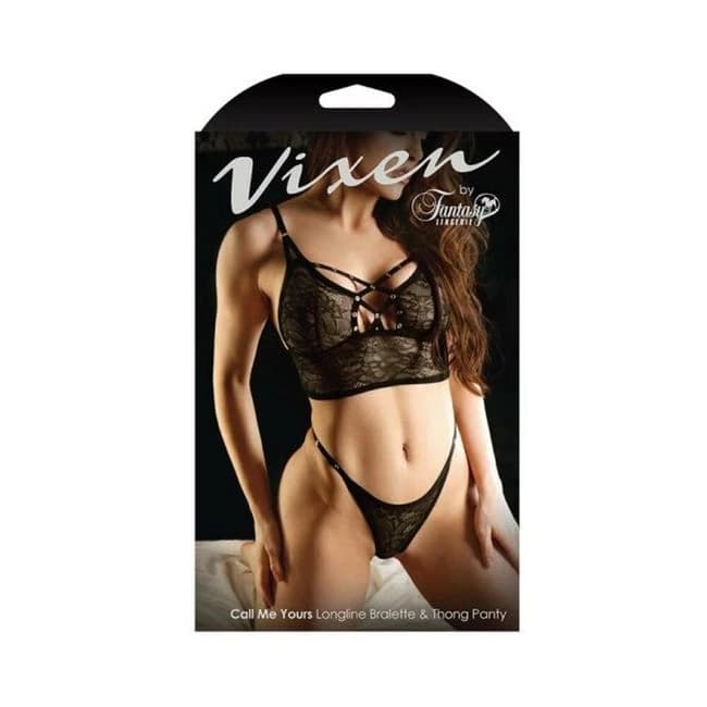 Vixen Call Me Yours Longline Bralette with Grommets & Thong Panty Black L/XL, image 1
