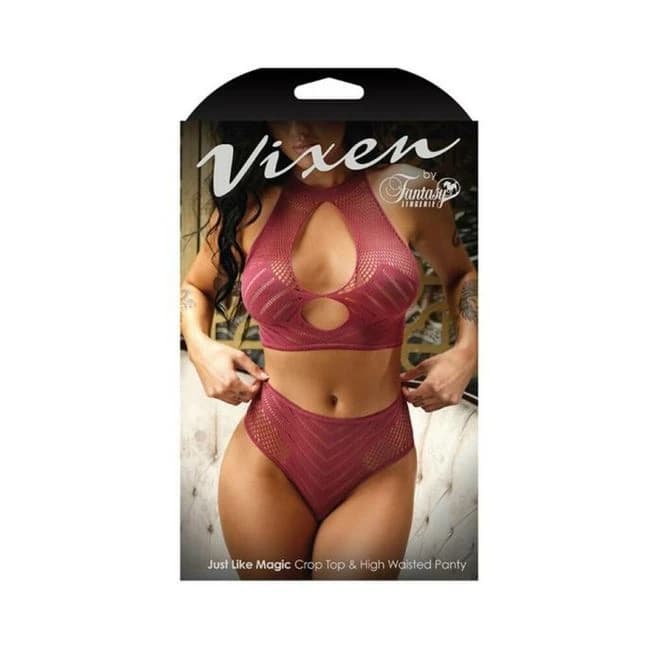 Vixen Just Like Magic 2-Piece Net Crop Top & High-Waisted Panty Cranberry L/XL, image 1