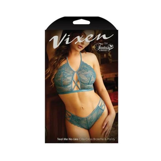 Vixen Teal Me No Lies Criss-Cross Lace Halter Bralette & Matching Panty, image 1