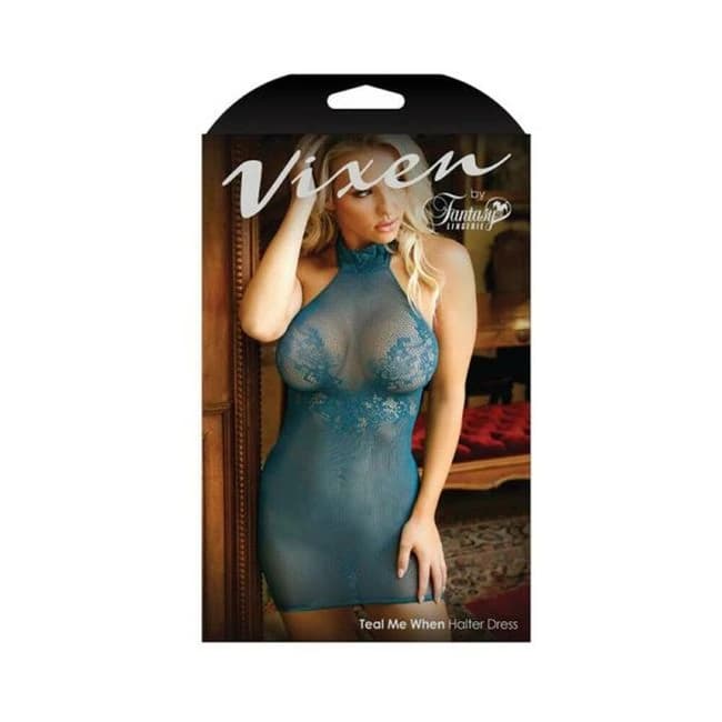 Vixen Teal Me When Halter Net Dress with Floral Lace Design, image 1