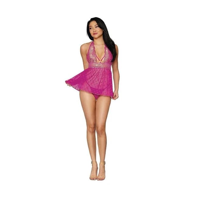 (wd) Gold Foil Lace & Heart Me Babydoll Set Azalea/gold O/s - Image 1