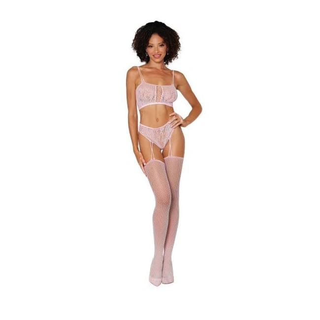 2pc Fishnet & Lace Bralette W/ High Waist Panty Ballet Pink, image 1