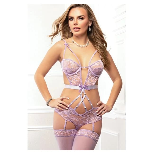 2PC SUMPTUOUS CUTOUT & STRAPPY GARTER TEDDY TROPICAL LAVENDER O/S - Image 1