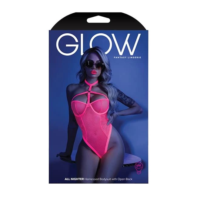 (D)GLOW ALL NIGHTER HARNESS BODYSUIT NEON PINK L/XL - Image 1