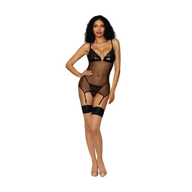 (D)LACE & MESH GARTER SLIP SET GOLD HARDWARE BLACK O/S - Image 1