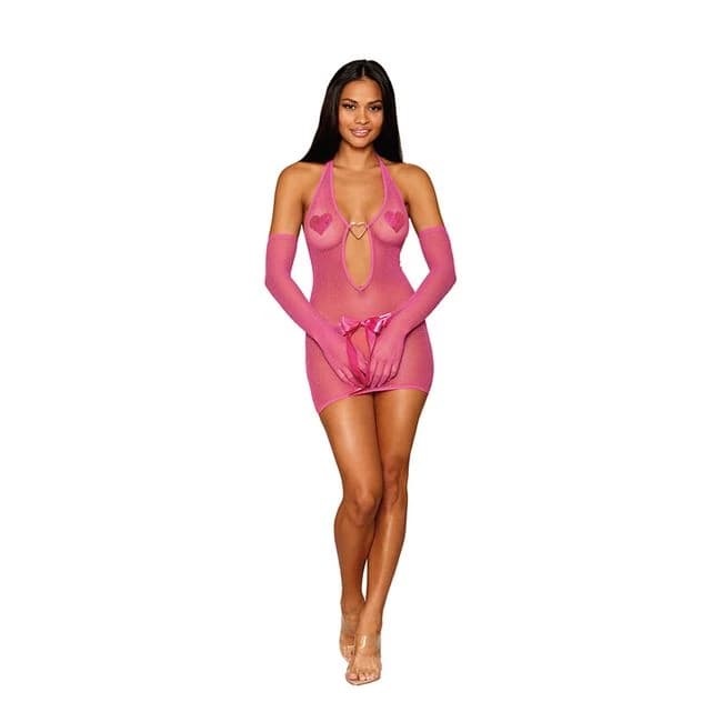 (D)METALLIC FISHNET CHEMISE W/ GLOVE RESTRAINTS PEONY O/S - Image 1 (D)METALLIC FISHNET CHEMISE W/ GLOVE RESTRAINTS PEONY O/S - Image 1