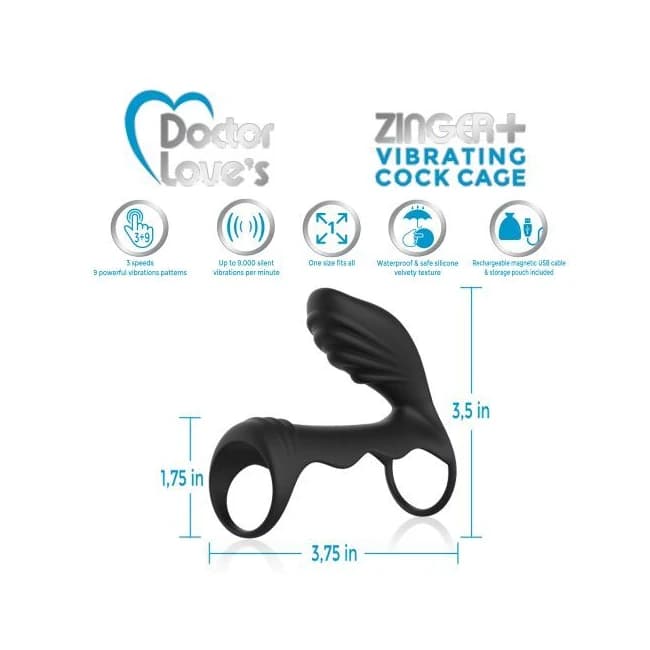 Doctor Love Zinger+ Vibrating Rechargeable Cock Cage Black - Image 1 Doctor Love Zinger+ Vibrating Rechargeable Cock Cage Black - Image 1