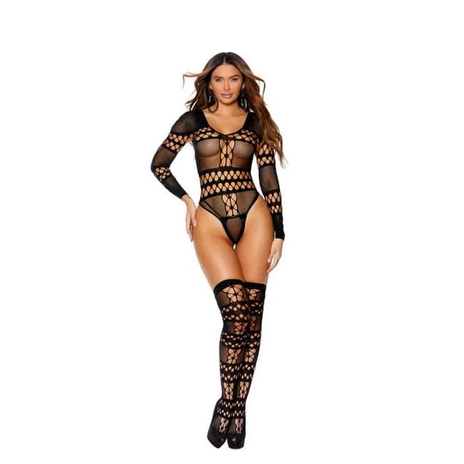 Long Sleeve Crochet Teddy W/ Stockings Black O/S, image 1