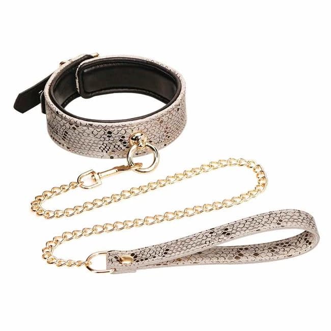 Microfiber Snake Print Collar & Leash White W Leather Lining, image 1