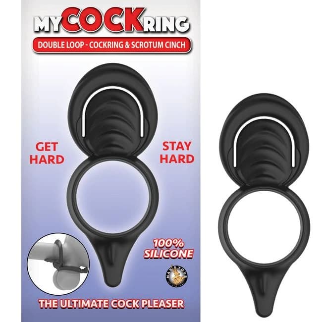 My Cockring Double Loop Cock Ring & Scrotum Cinch Black, image 1