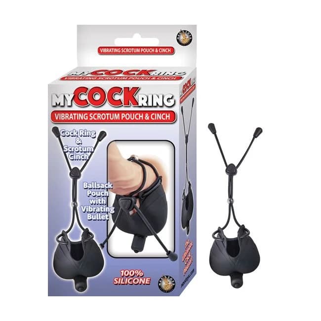 My Cockring Vibrating Scrotum Pouch & Cinch Black, image 1