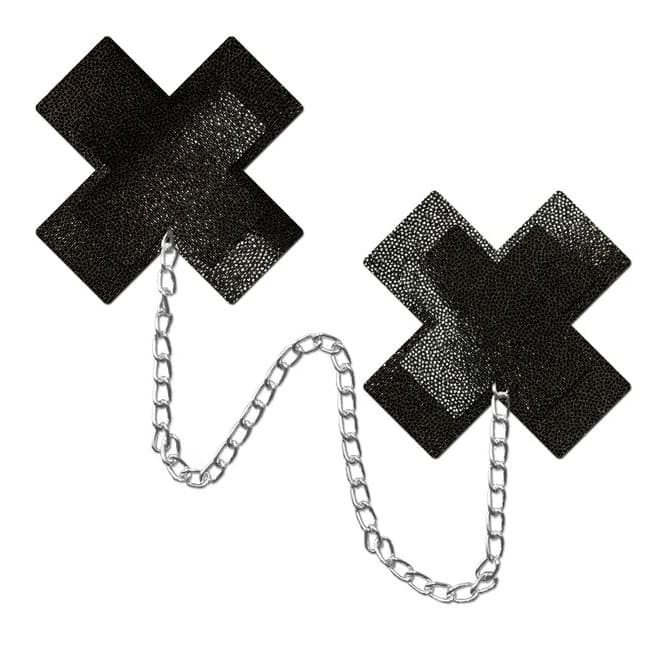 Pastease Chains Liquid Black X Cross W/ Chunky Silver Chain Nipple Pasties, image 1