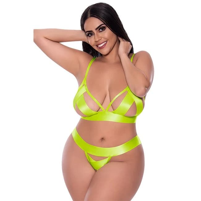Strap Tease Bra & Crotchless Panty Neon Yellow 2xl, image 1