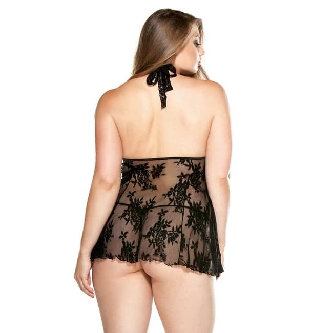 Curve Claudia Stretch Lac Babydoll & Matching G-String Black 1x/2x, image 1