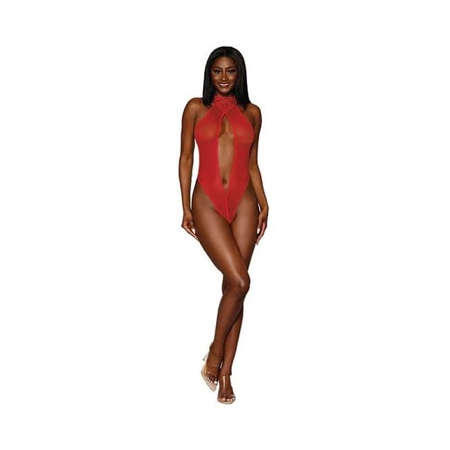Fishnet Teddy W/ Heart Ve Trim Lipstick Red O/S, image 1