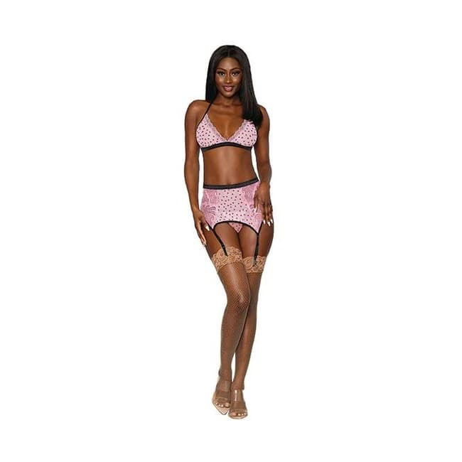 (WD) FLOCKED HEART STRETCH LAC SET CANDY PINK O/S - Image 1 (WD) FLOCKED HEART STRETCH LAC SET CANDY PINK O/S - Image 1
