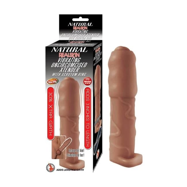 Natural Realskin Vibratin Uncircumcised Xtender W/ Scrotum Ring Brown, image 1