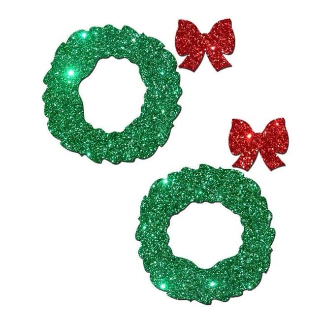 Pastease Peek a Boob Gree Glitter Wreath w/ Red Glitter Bow, image 1