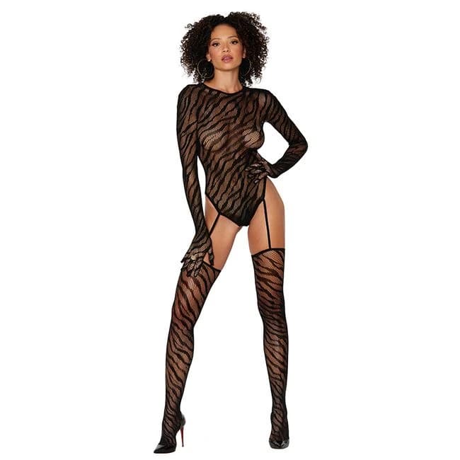 Zebra Fishnet Bodystockin W/ Finger Gloves Black O/S, image 1