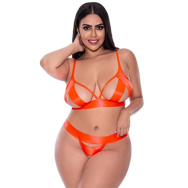 (WD)STRAP TEASE BRA & CROTCHLE PANTY NEON ORANGE 2XL - Image 1