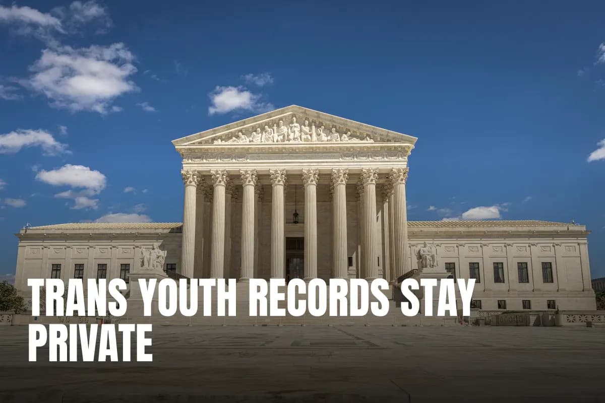 The majestic facade of the United States Supreme Court under a clear blue sky.