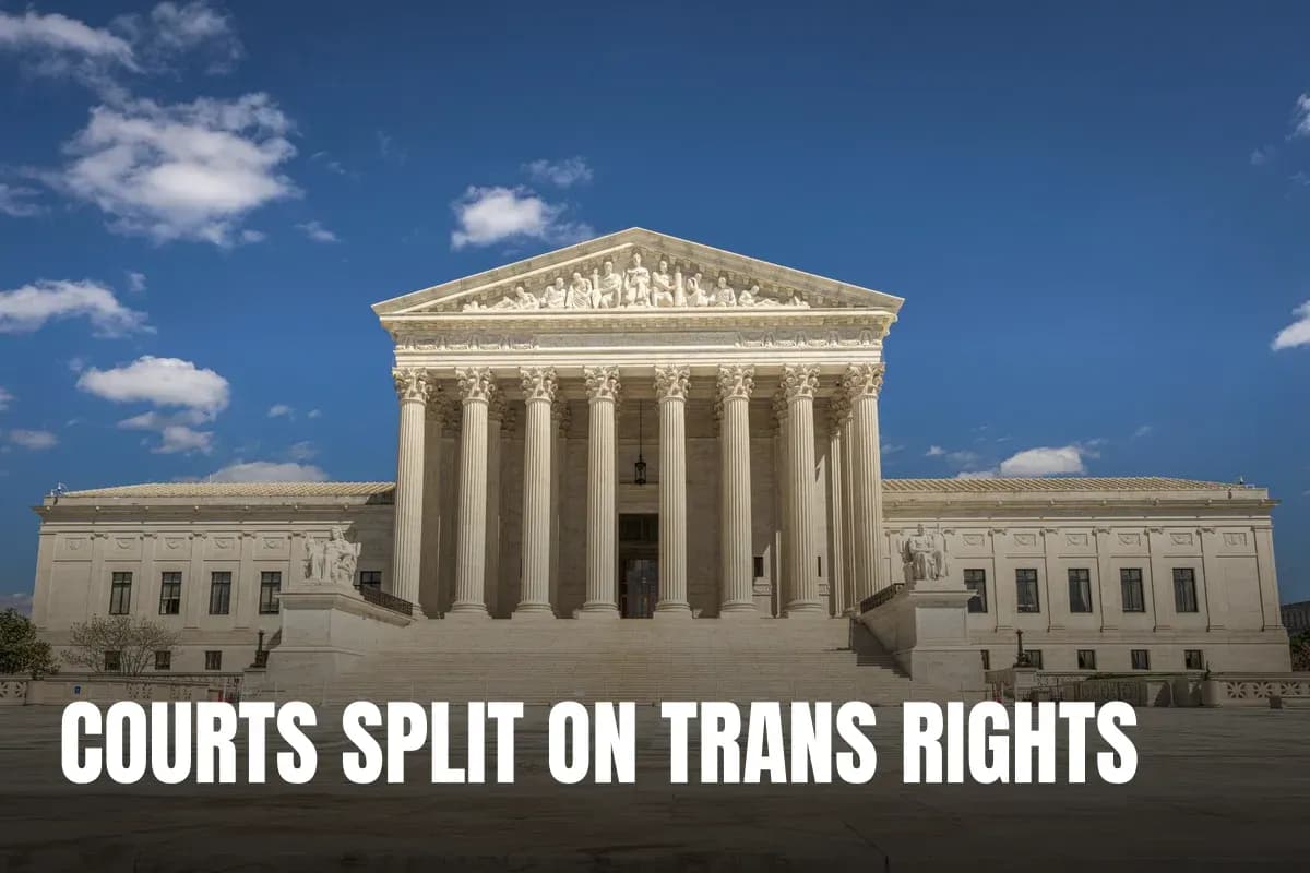 The majestic facade of the United States Supreme Court under a clear blue sky.