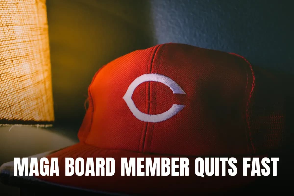A close-up shot of a red baseball cap featuring a prominent logo on the front.