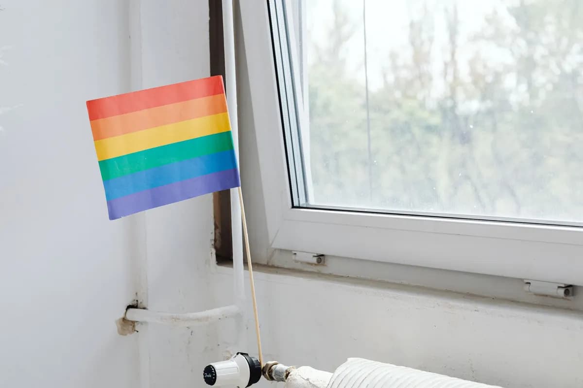 A vibrant rainbow flag displayed next to a window, symbolizing LGBTQ pride and inclusivity.