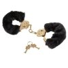 Deluxe Furry Cuffs Black Fur Gold Handcuffs main