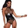 Fishnet Halter Teddy W/ Faux Leather Corset Black O/S Naughty Role Play Main Image