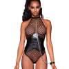 Fishnet Halter Teddy W/ Faux Leather Corset Black O/S Naughty Role Play 3