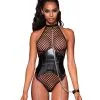 Fishnet Halter Teddy W/ Faux Leather Corset Black O/S Naughty Role Play 3