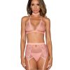 Fishnet & Lace 4Pc Set W/ Stretch Velvet Trim Rose Pink O/S Bra Sets 3