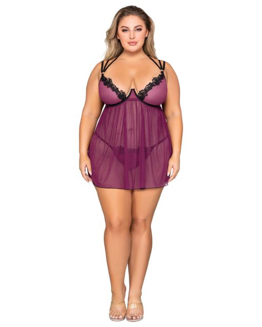 Stretch Mesh Babydoll W/ Contrast Lace Mulberry Q/S - Image 4