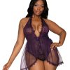 (Wd) Halter Plunge Front Stret Lace Teddy Eggplant Q/S Teddies Main Image