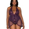 (Wd) Halter Plunge Front Stret Lace Teddy Eggplant Q/S Teddies 3