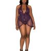 (Wd) Halter Plunge Front Stret Lace Teddy Eggplant Q/S - Image 4